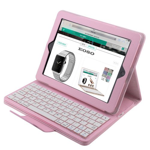 Apple iPad 2/3/4 Keyboard Case,Eoso Folding Leather Folio Cover with Removable Bluetooth Keyboard for iPad 2/3/4 Tablet(Pink)