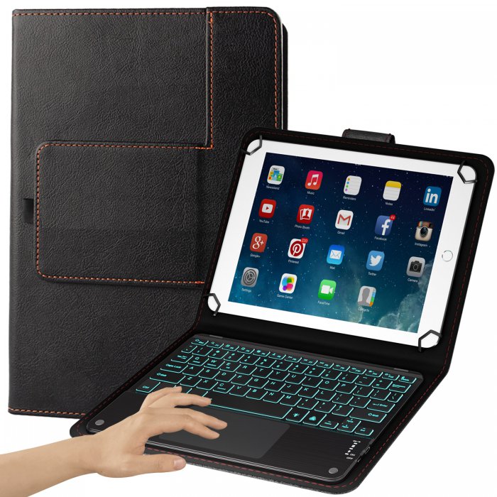 Eoso TouchPad Keyboard case for 9", 10",10.1",10.5" Tablets,2-in-1 Bluetooth Wireless Keyboard with Touchpad & Leather Folio Cover(Black) - Click Image to Close