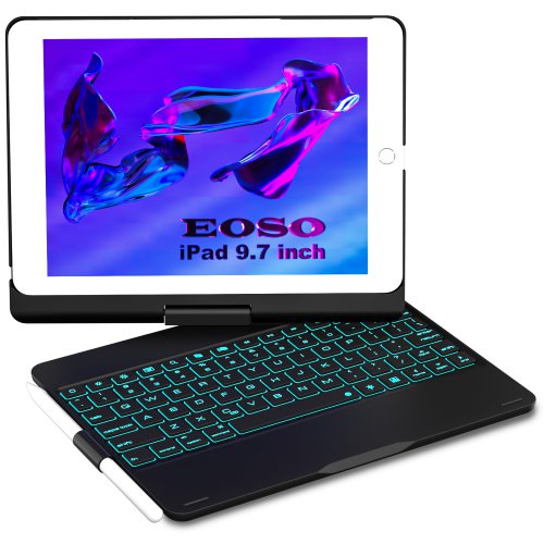 Eoso iPad 9.7 Keyboard Case for iPad 6th Gen 2018 - iPad 5th Gen 2017 - iPad Pro 9.7 - iPad Air 2&1,7 Color Backlight, 360° Protective Slim Cover with Apple Pencil Holder(Black)