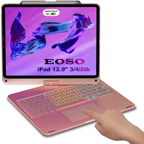 Eoso Touchpad Keyboard Case for iPad Pro 12.9 inch 5th Generation 2021/4th Gen 2020/3rd Gen 2018, Rainbow Backlits,360° Rotatable with Wireless Apple Pencil Charging Holder (Rose Gold)