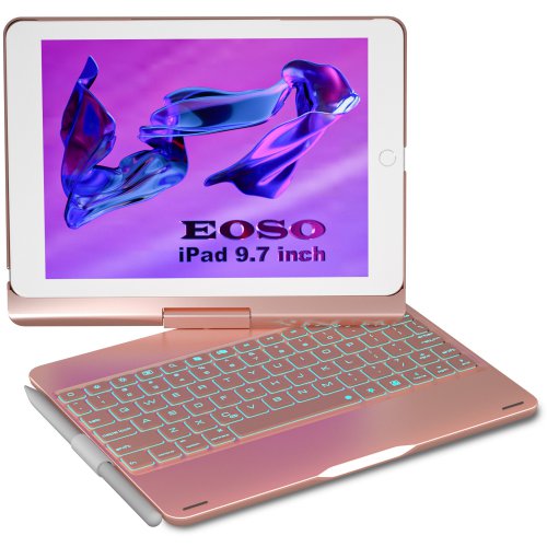 Eoso iPad 9.7 Keyboard Case for iPad 6th Gen 2018 - iPad 5th Gen 2017 - iPad Pro 9.7 - iPad Air 2&1,7 Color Backlight, 360° Protective Slim Cover with Apple Pencil Holder(Rose Gold)