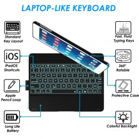 Eoso iPad 9.7 Keyboard Case for iPad 6th Gen 2018 - iPad 5th Gen 2017 - iPad Pro 9.7 - iPad Air 2&1,7 Color Backlight, 360° Protective Slim Cover with Apple Pencil Holder(Black)