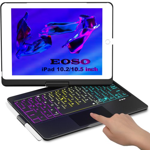 Eoso Touchpad iPad Keyboard Case for 10.2 inch iPad 2021 9th & 8th & 7th Gen, iPad Air 3, iPad Pro 10.5-Trackpad,Backlight,360° Rotatable, 7 Color Backlit, Slim Cover, Apple Pencil Holder(Black)