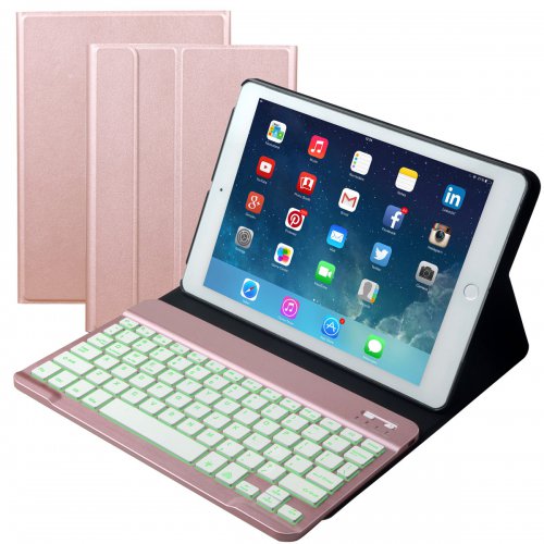 Eoso Keyboard Case for iPad 2/3/4 Built-in Wireless Slim Shell Magnetic PU Protective Cover with 7 Color Backlight for Men Women (Backlit Rose Gold)