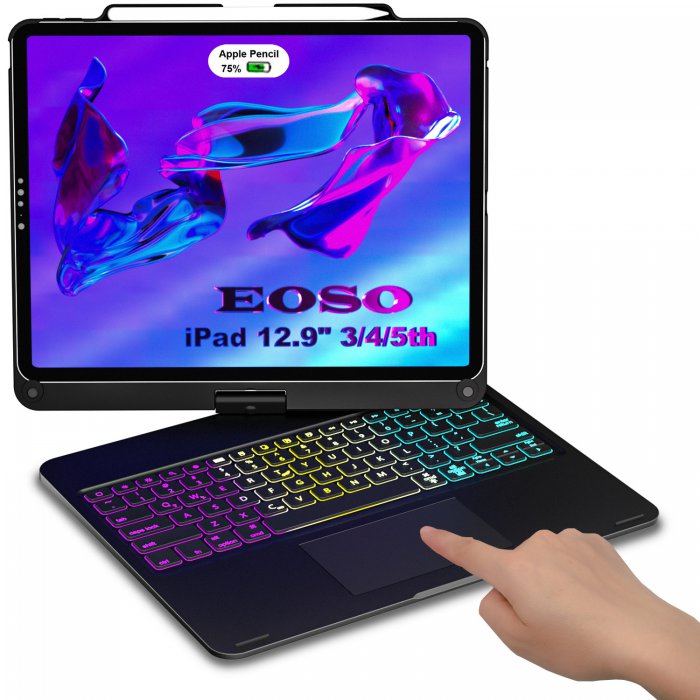 Eoso Touchpad Keyboard Case for iPad Pro 12.9 inch 5th Generation 2021/4th Gen 2020/3rd Gen 2018, Rainbow Backlits,360° Rotatable with Wireless Apple Pencil Charging Holder (Black) - Click Image to Close